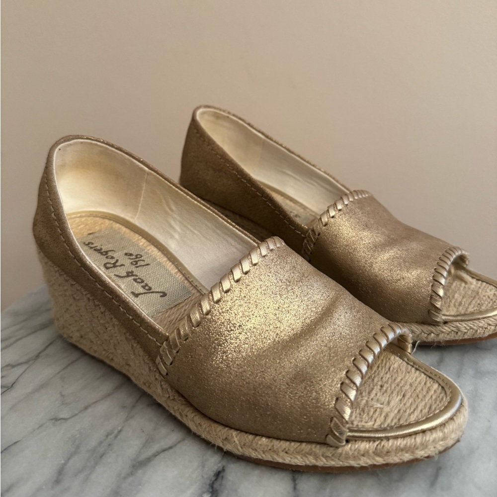 Jack Rogers Gold Peep Toe Espadrille Wedge Sandals Women’s Size 8.5 Preppy - Picture 2 of 7